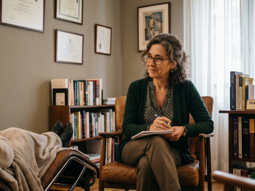 Twee psychologen in gesprek aan een bureau in een kantooromgeving