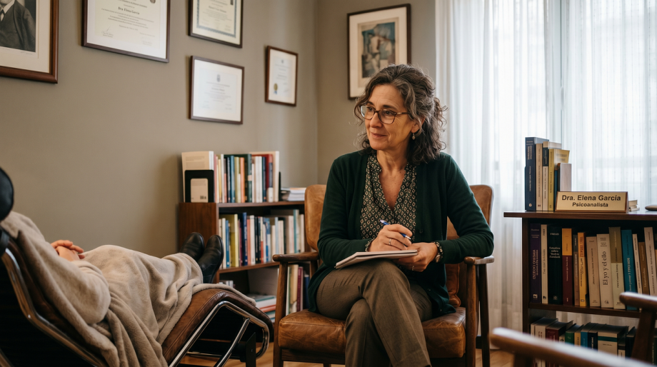 Twee psychologen in gesprek aan een bureau in een kantooromgeving