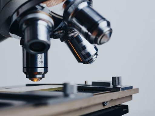 Een bioloog werkt op een laptop in een modern laboratorium omringd door apparatuur