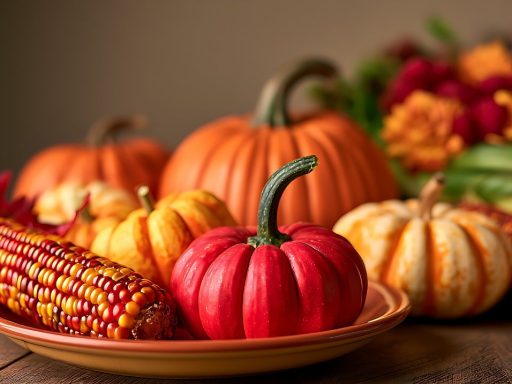 Een tafel vol herfstgroenten zoals wortelgroenten, noten en pompoen, typisch voor de seizoensoogst in september