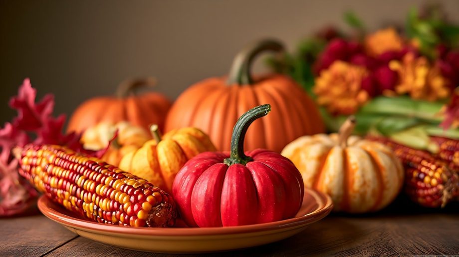 Een tafel vol herfstgroenten zoals wortelgroenten, noten en pompoen, typisch voor de seizoensoogst in september
